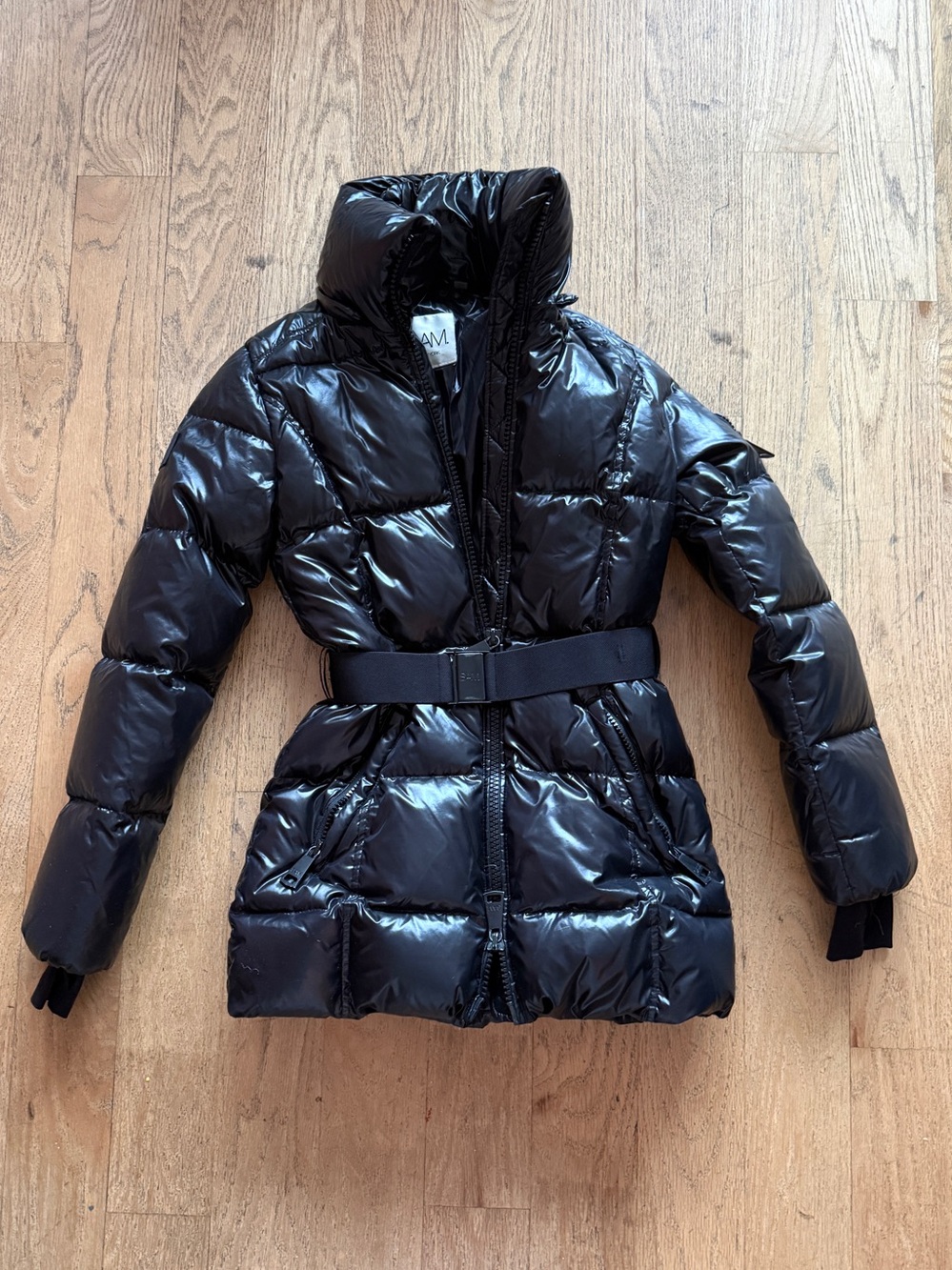 SAM. Glossy Black Belted Puffer Coat